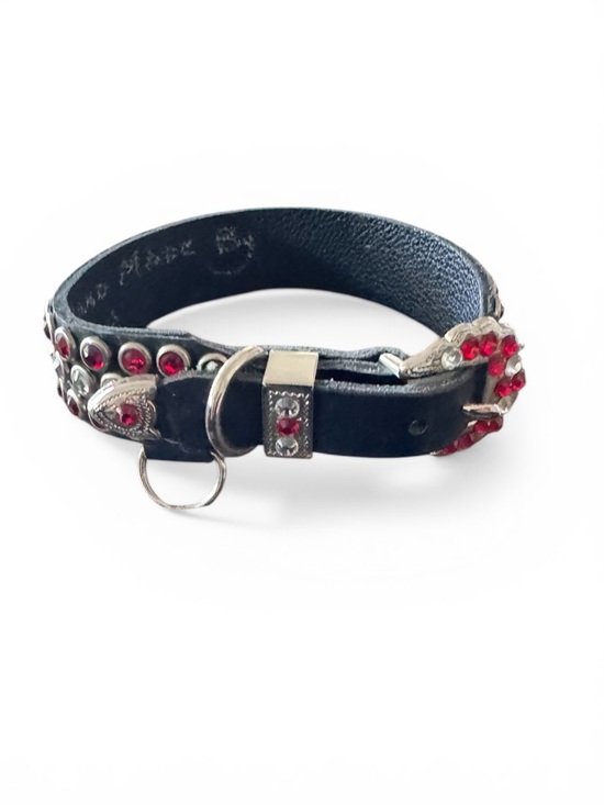 Handmade Other - Handmade Western Rhinestone Leather Dog Collar Black Red Crystal Studded Size S